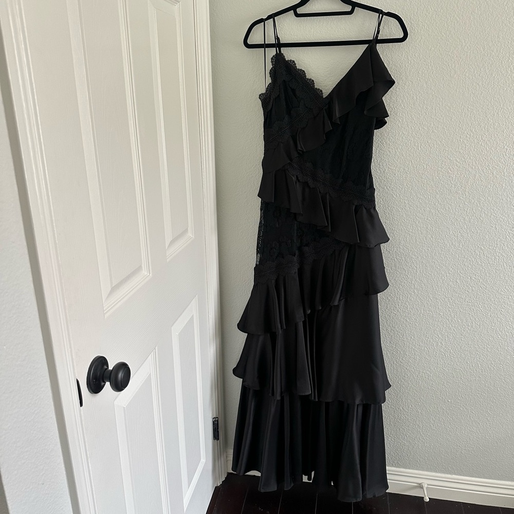 BHLDN gorgeous Elegant Black Ruffled Dress. Satin and lace.
